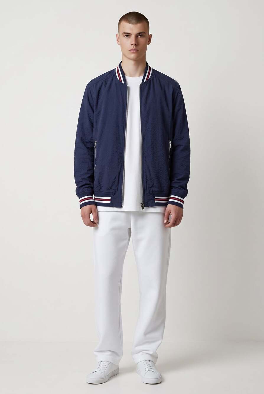Zara Bomber Jacket Size M Navy Blue Seersucker Zip Pockets Striped Trim